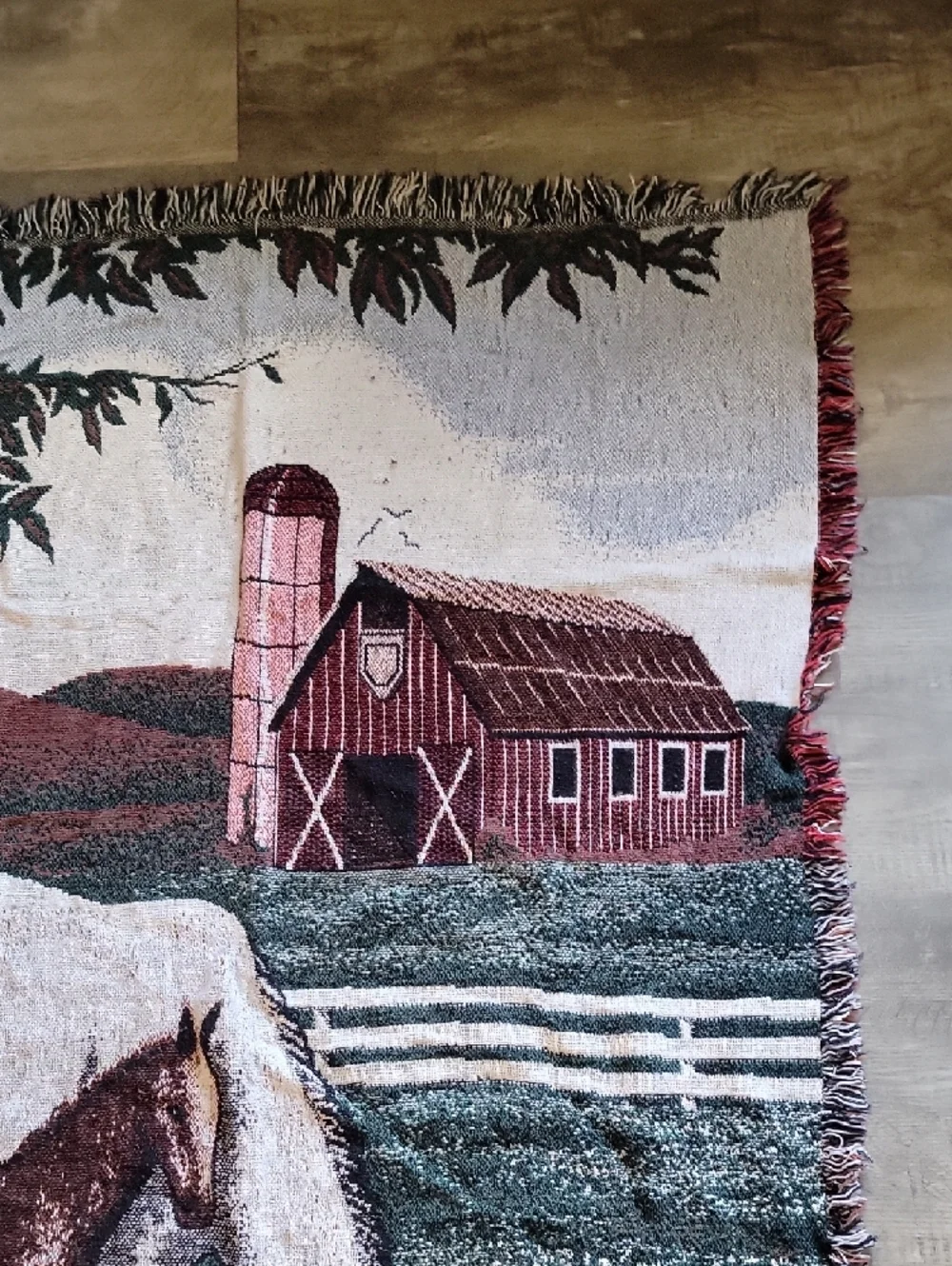 Vintage 90s Horse & Foal Farm Tapestry Throw - Green, Brown, White